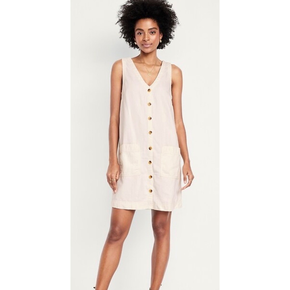Old Navy Womens Cream Cotton Canvas Button Front V-Neck Mini Dress Large Petite